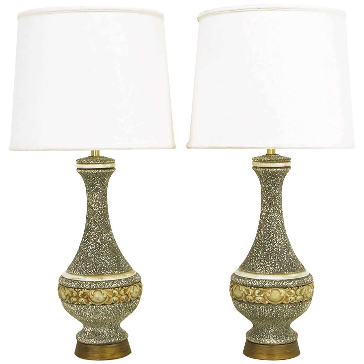 Pair of Charcoal-Glazed Chalkware Rococo Table Lamps For Sale