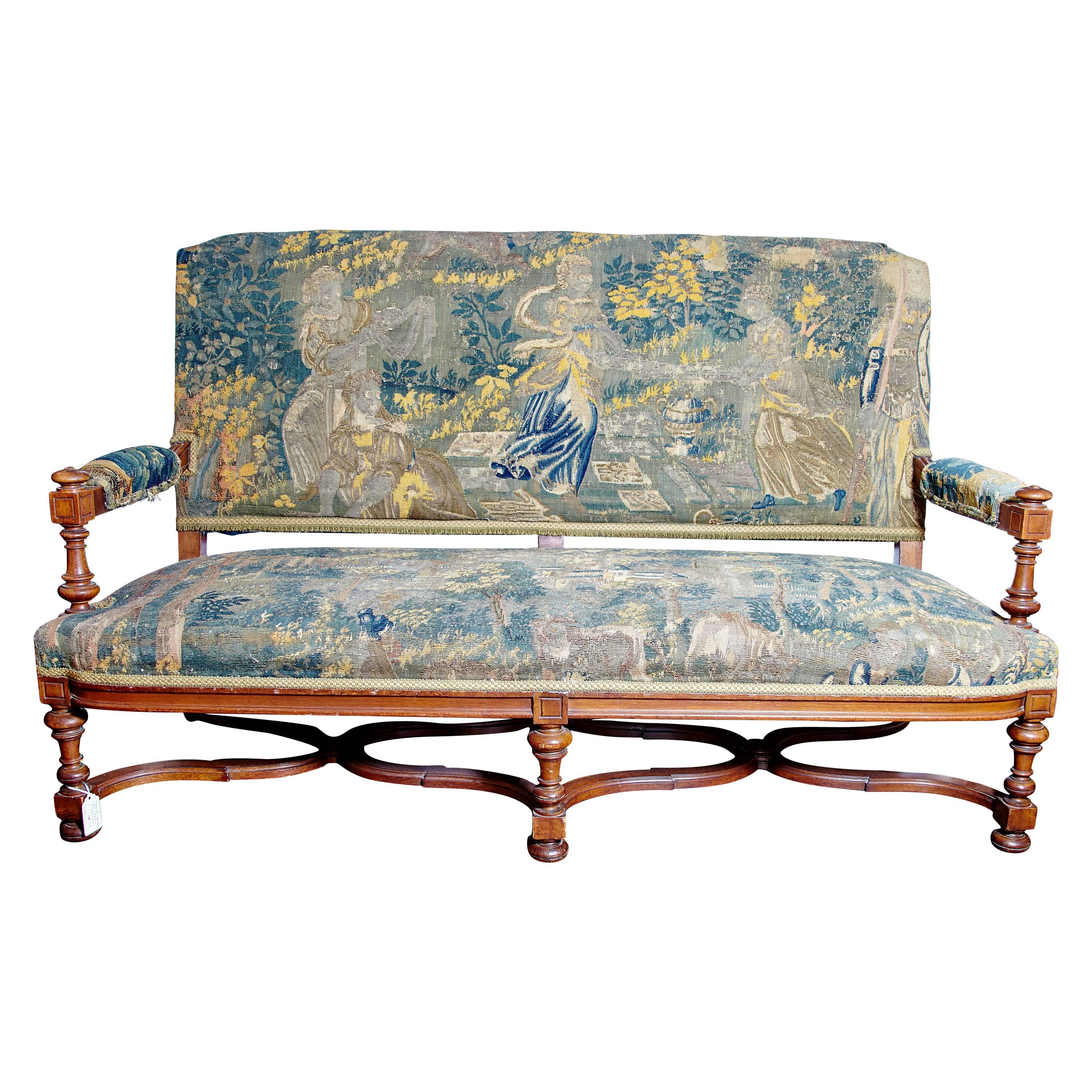 19th Century Louis XIII Style Settee Upholstered in Antique Verdure Tapestry