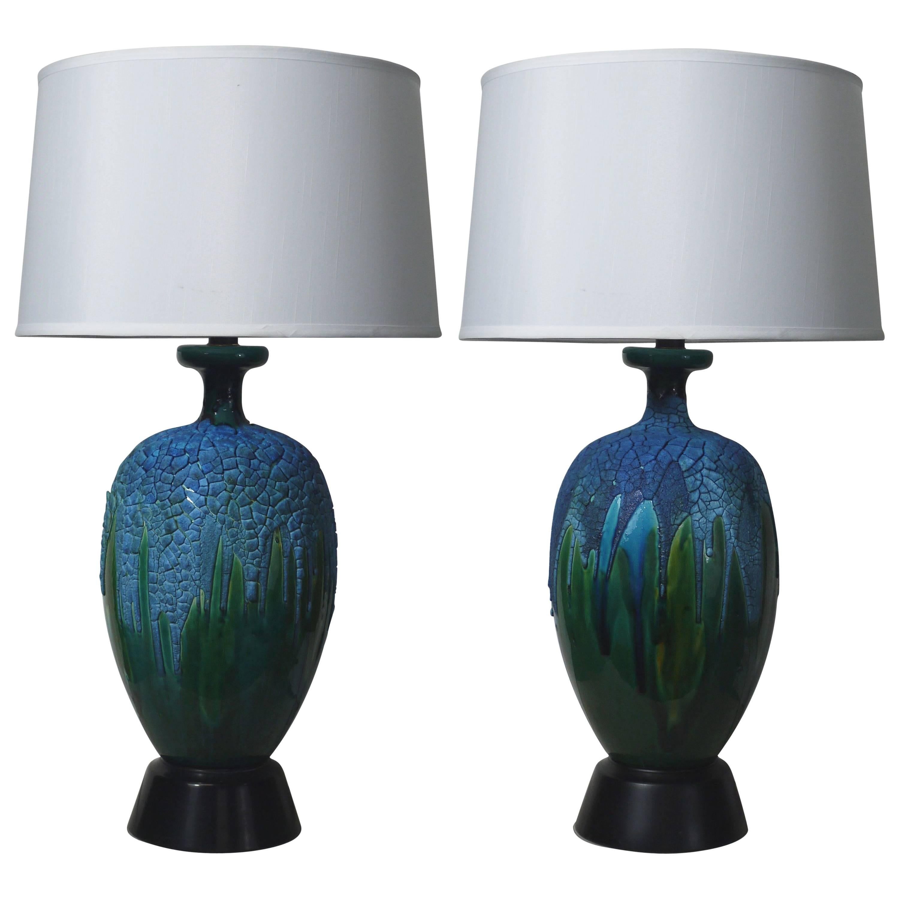 Pair of Lapis Blue and Emerald Green Crackled Lava Glaze Lamps