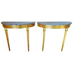 Fabulous Pair of 1930's Italian Greek Key Giltwood and Marble Console Tables