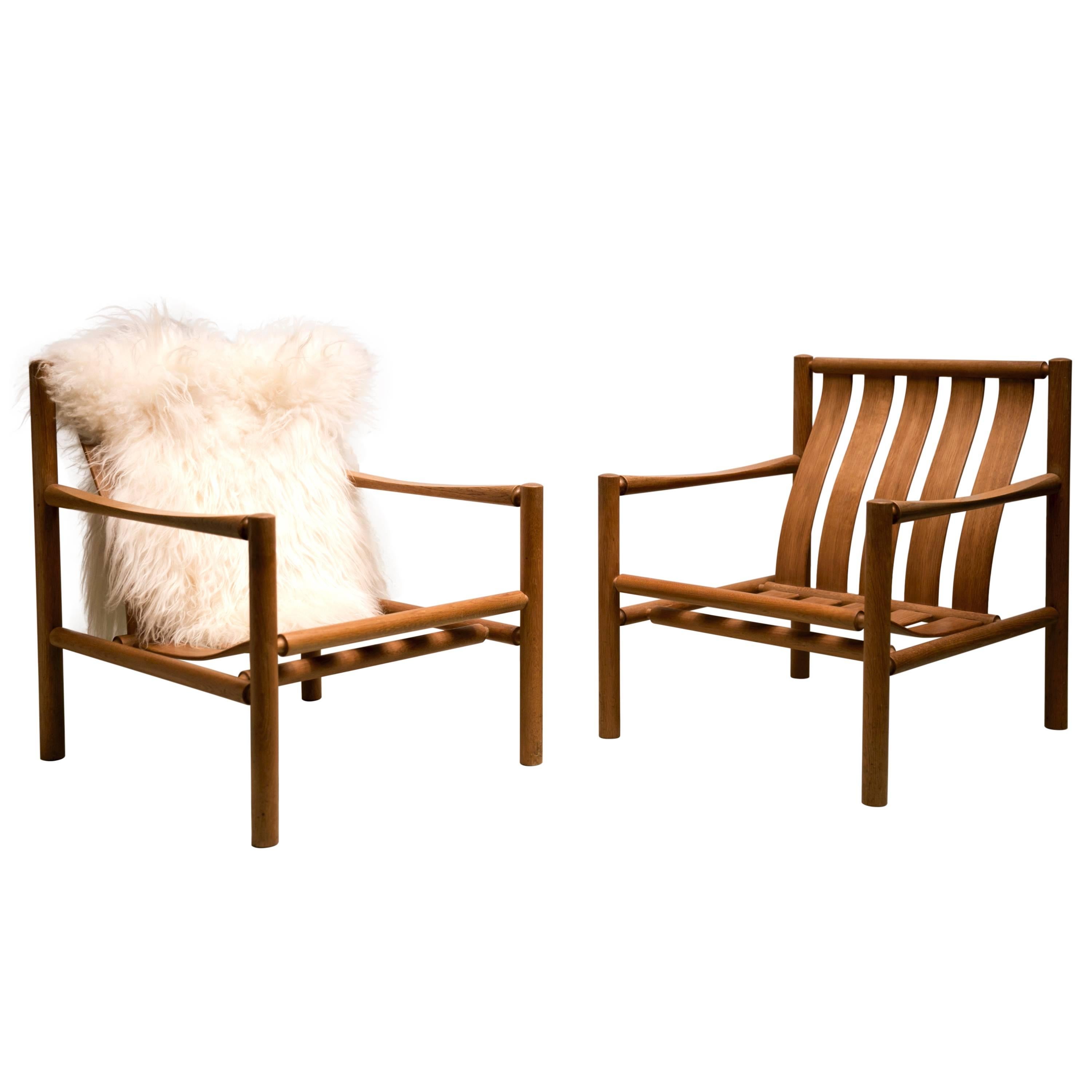 Pair of Handmade Slatted Oak Lounge Chairs by Jørgen Nilsson For Sale