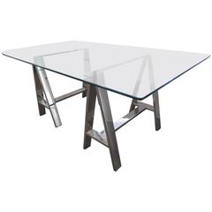 Steel and Glass Trestle Table