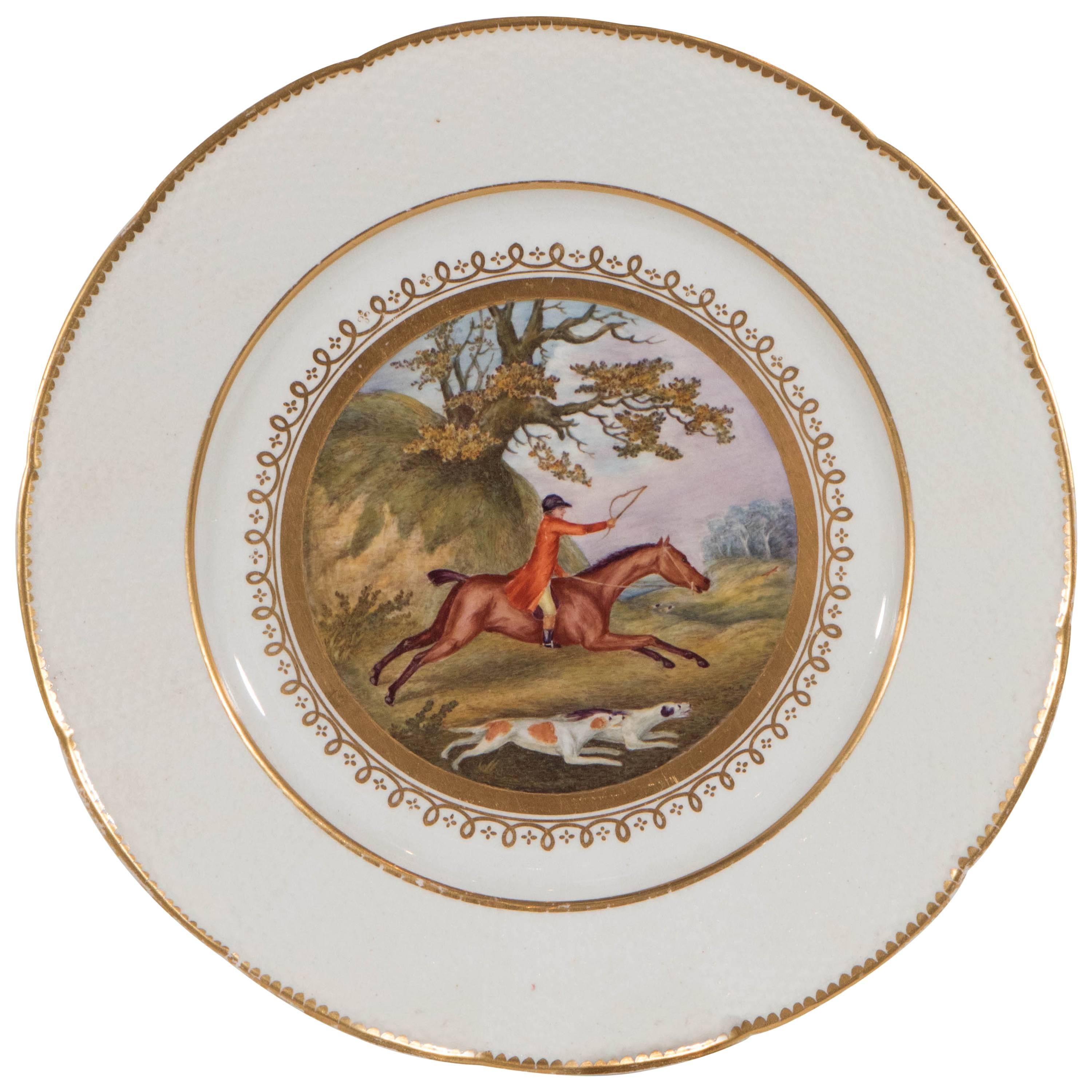 Scène de chasse au renard peinte à la main sur une assiette anglaise ancienne fabriquée vers 1815 en vente