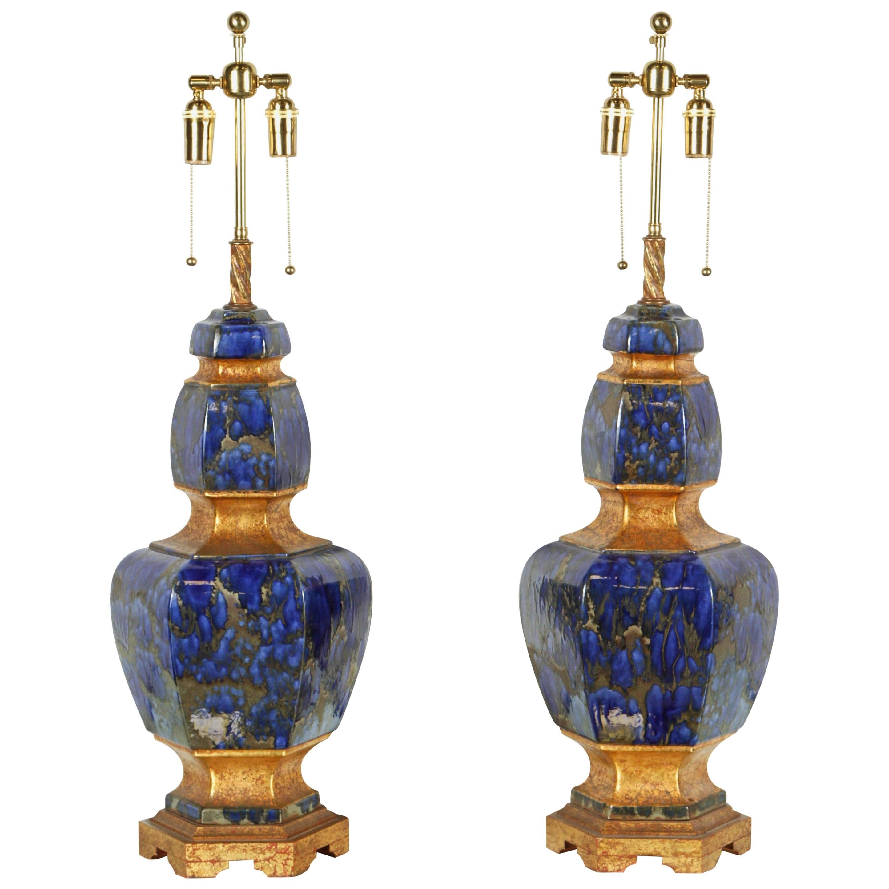 Exquisite Pair of Large Italian Ceramic Lamps with a Lapis Glazed Finish