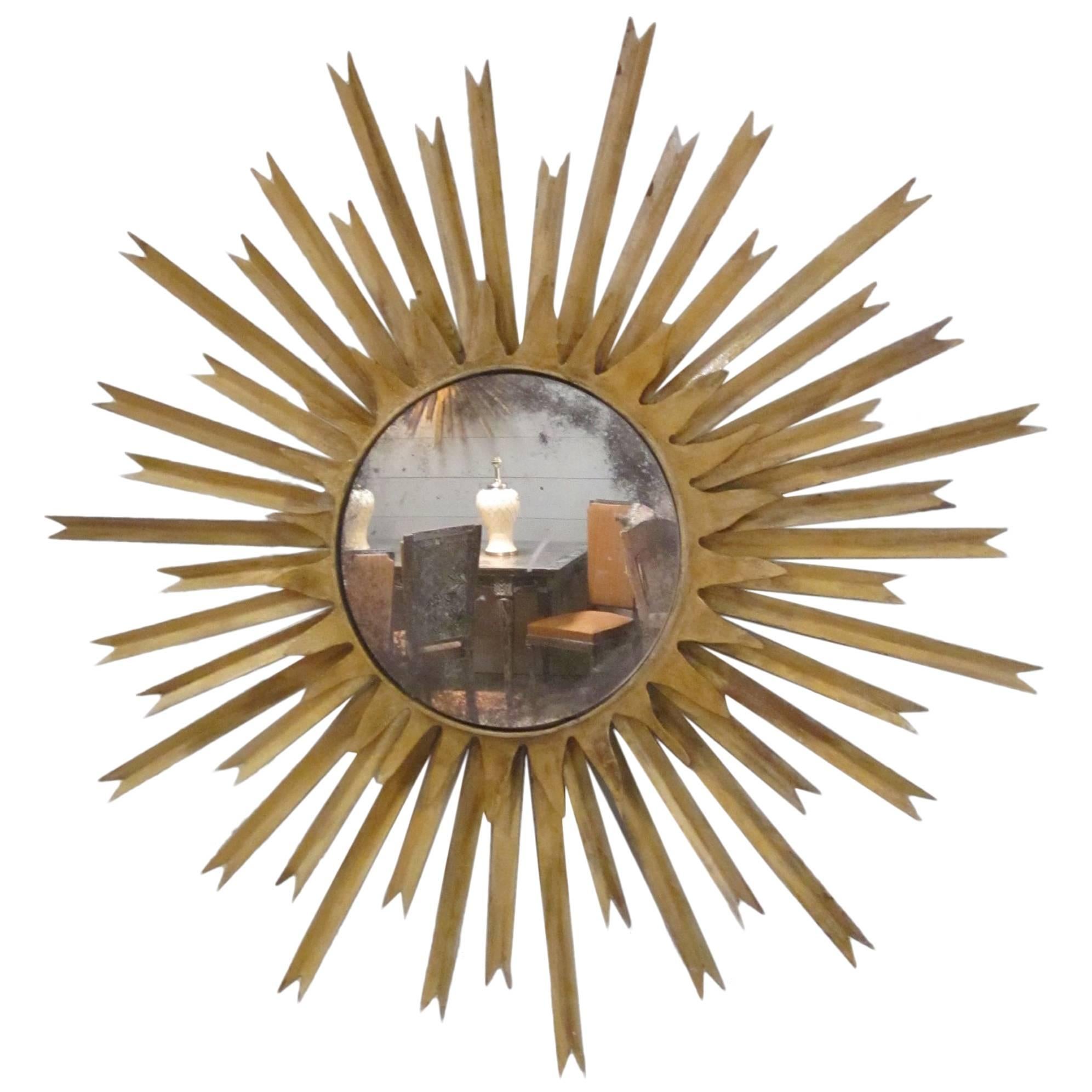 Mid-Century Gold Gilt Star Burst Wall Mirror, France