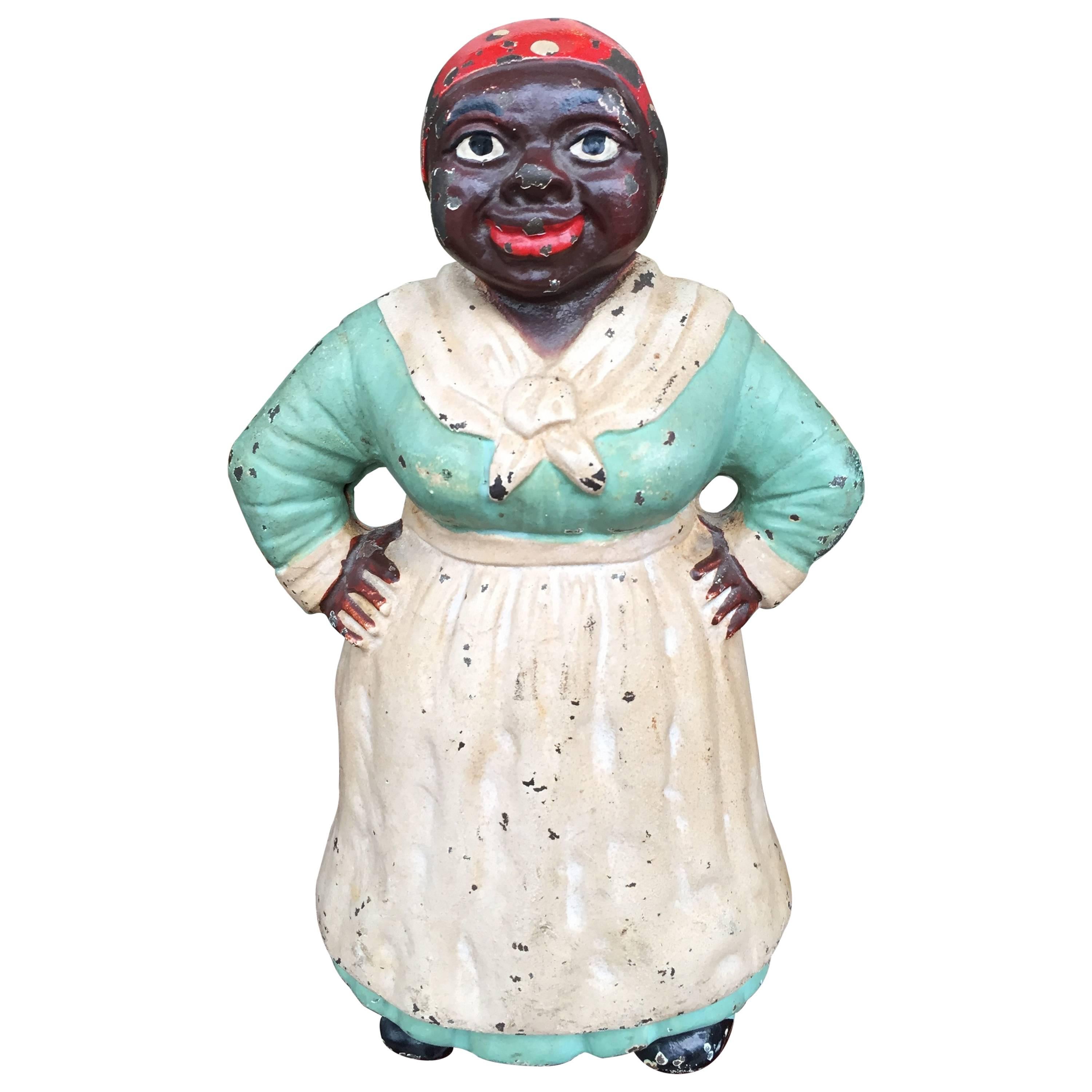 Cast Iron Aunt Jemima Doorstop in Mint Green Paint, Early 20th Century