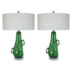 Matched Pair of Abstract Vintage Murano Table Lamps in Dark Green
