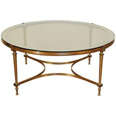 French Brass and Silvered Brass Round Coffee Table with Ringed Mirror Glass Top