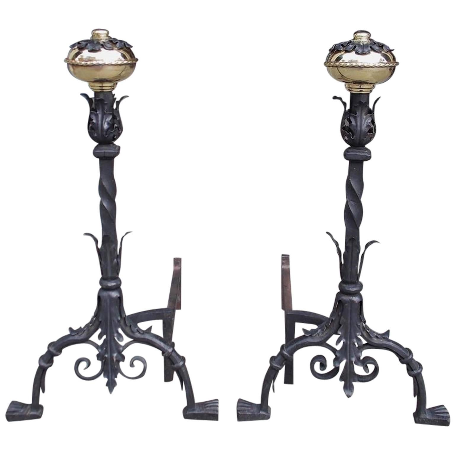 Pair of Italian Brass and Wrought Iron Floral Andirions, Circa 1810 For Sale