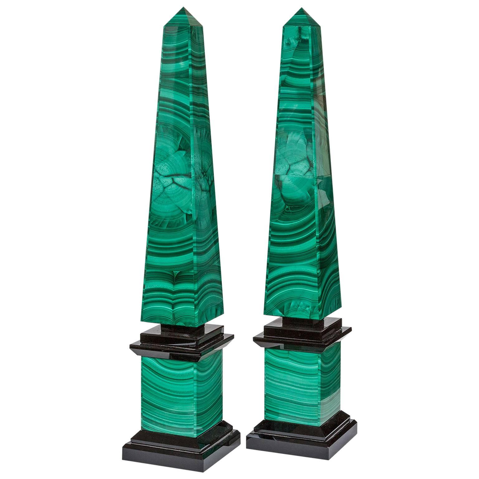Pair of Italian Malachite and Obsidian Obelisks
