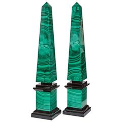 Pair of Italian Malachite and Obsidian Obelisks