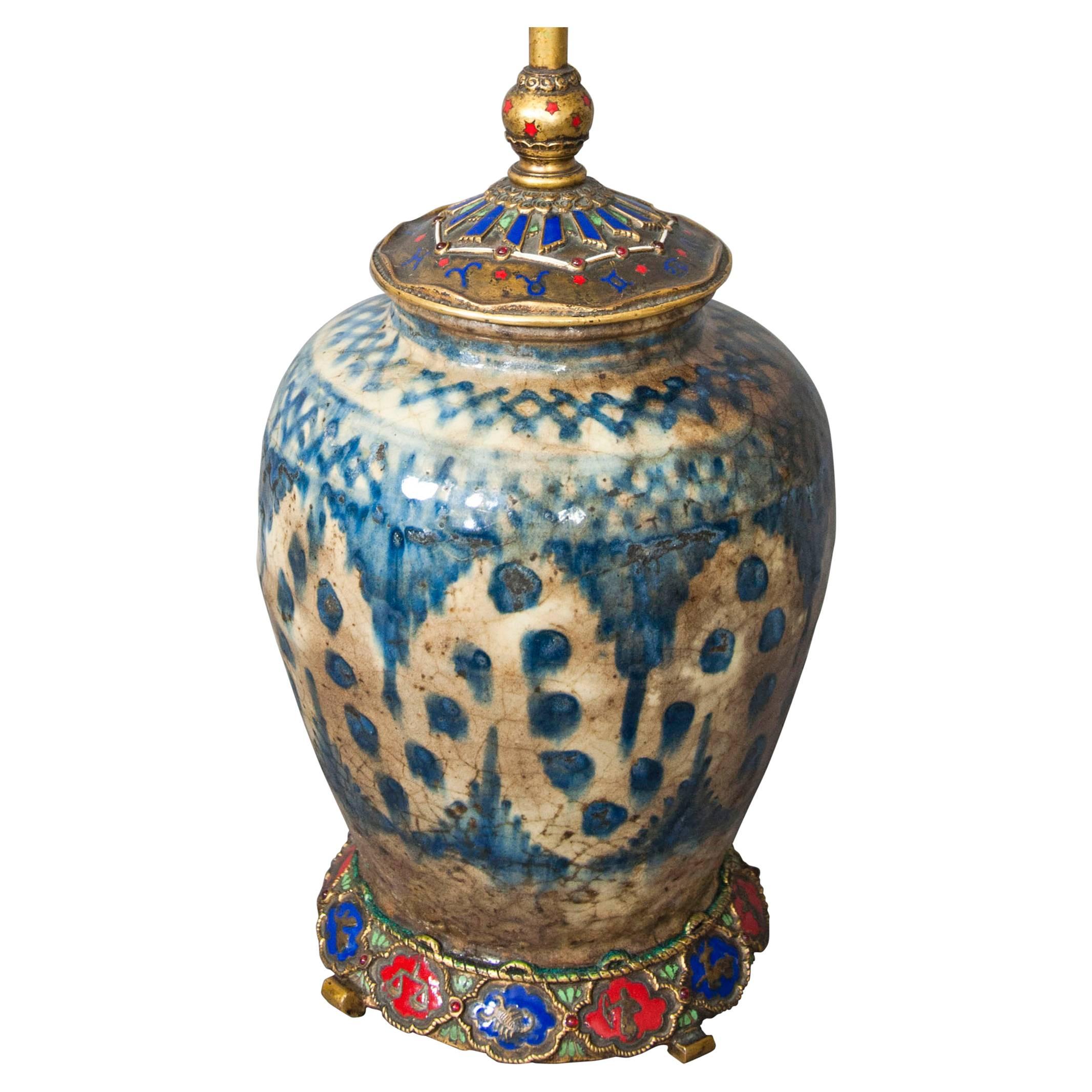 E.F Caldwell Persian Pottery and Enamelled Bronze Zodiac Lamp