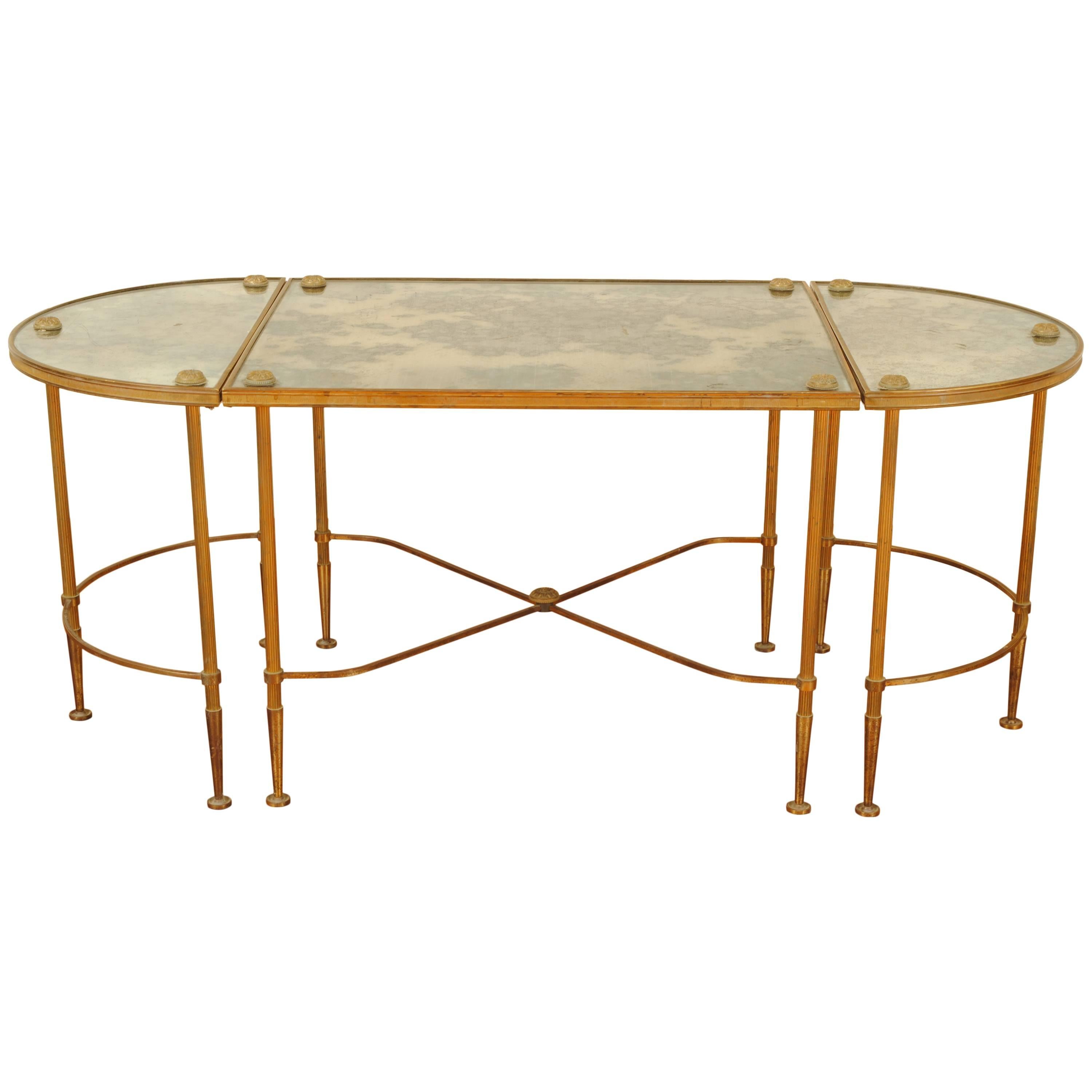 French Neoclassical Style Three-Piece Cast Brass and Mirrored Coffee Table