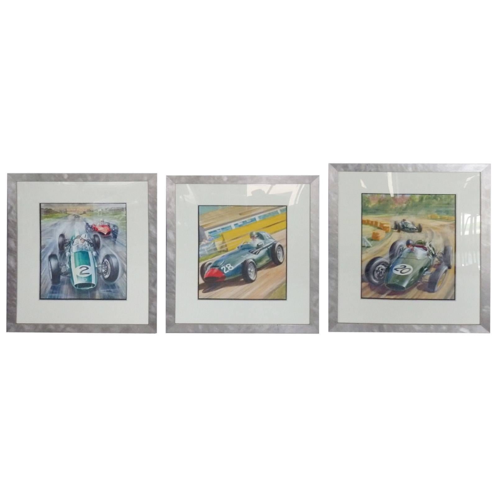 Ensemble de trois peintures de voitures de course sur le thème des années 1960