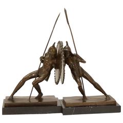 Pair of Gladiator or Hoplite Bookends in Bronze on Marble
