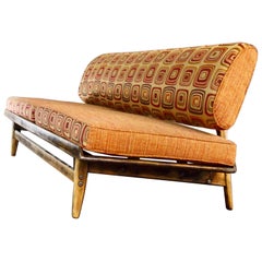Mid-Century Slipper Sofa in Burnt Orange Tweed and Classic 60's Pattern-in stock