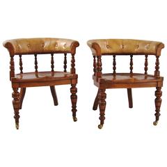 Pair of English Oak and Leather Armchairs
