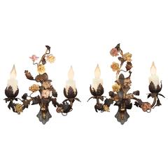 Pair of Early 20th C French Bronze and Porcelain Sconces 