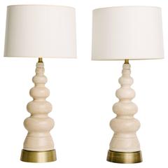 Pair of Mid-Century Pottery and Brass Table Lamps