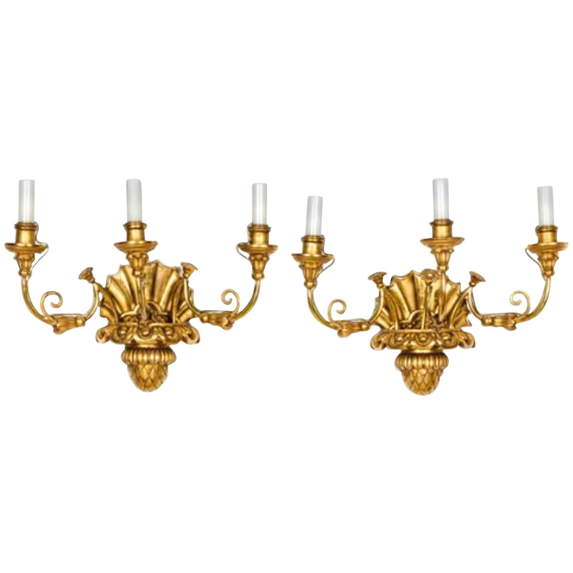 Paire d'Appliques à Trois Lumières Biedermeier en Bois Doré