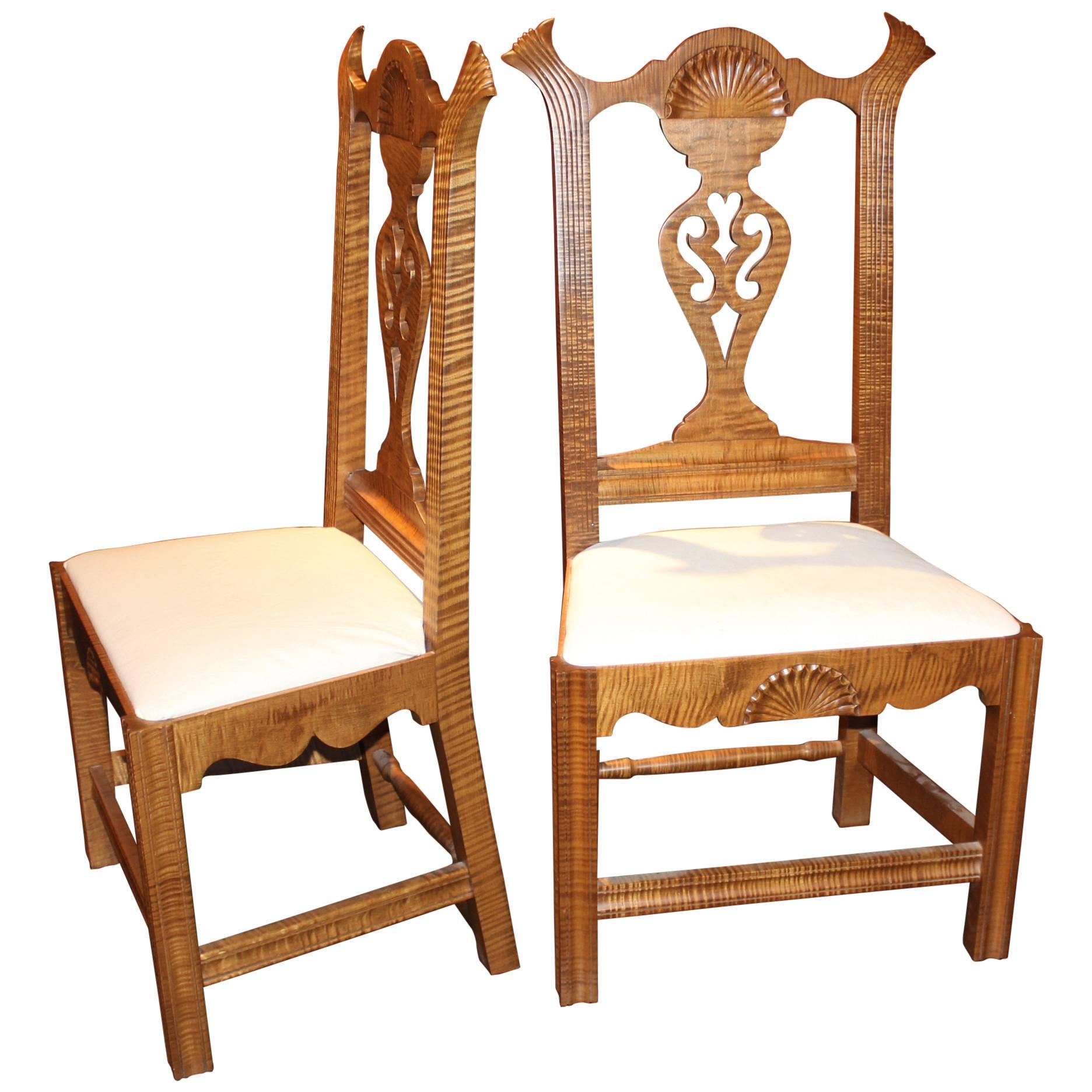 Pair of Exceptional Donald Dunlap Tiger Maple Carved Side Chairs