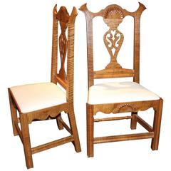 Pair of Exceptional Donald Dunlap Tiger Maple Carved Side Chairs