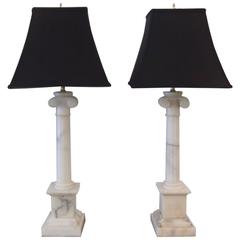 Pair of Neoclassic Carved Marble Column Lamps