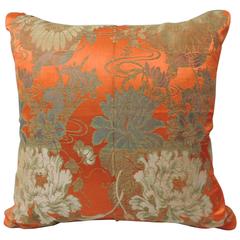 Antique Textile Orange Floral Silk Obi Pillow