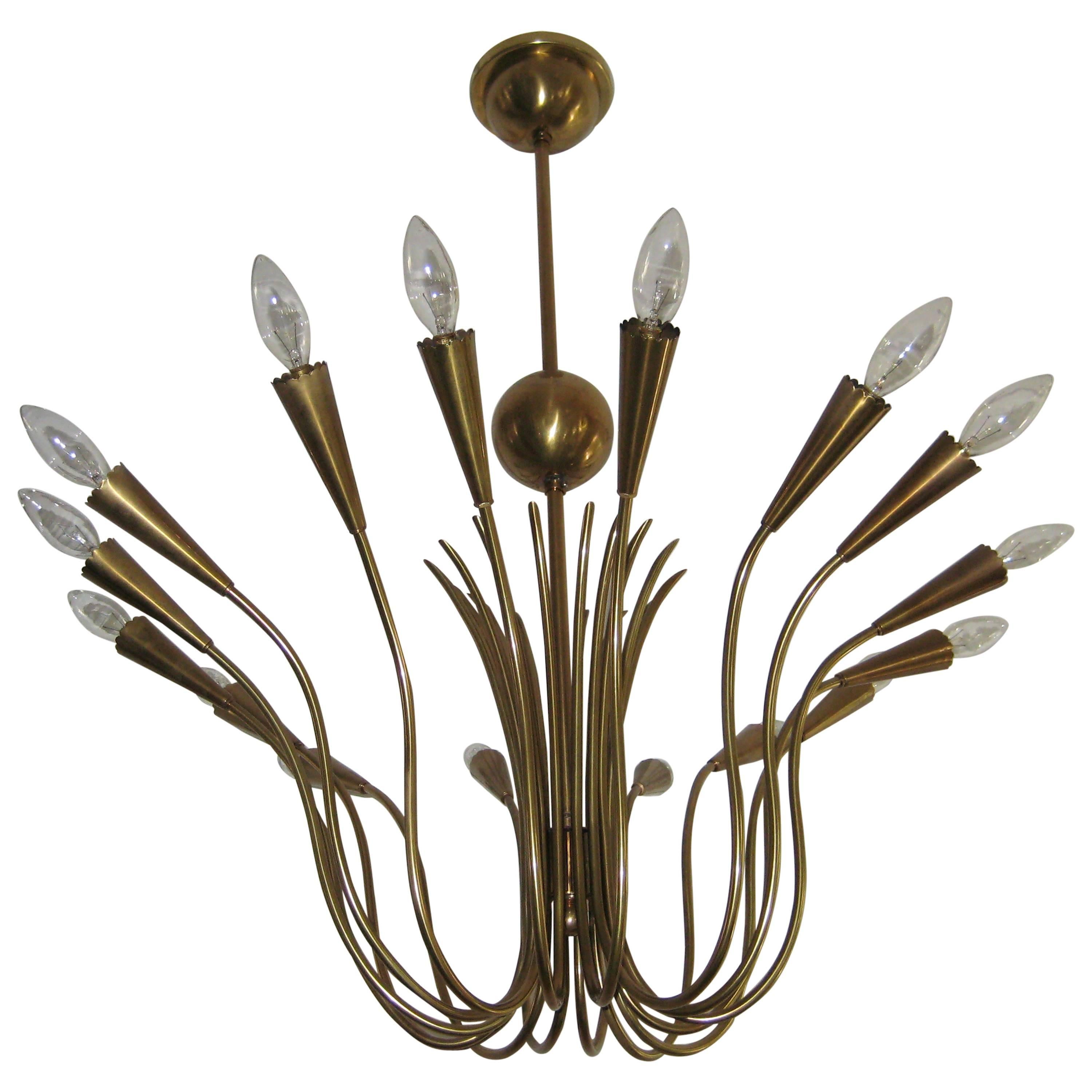 Graceful Mid Century Brass Chandelier In A Botanical Form For Sale