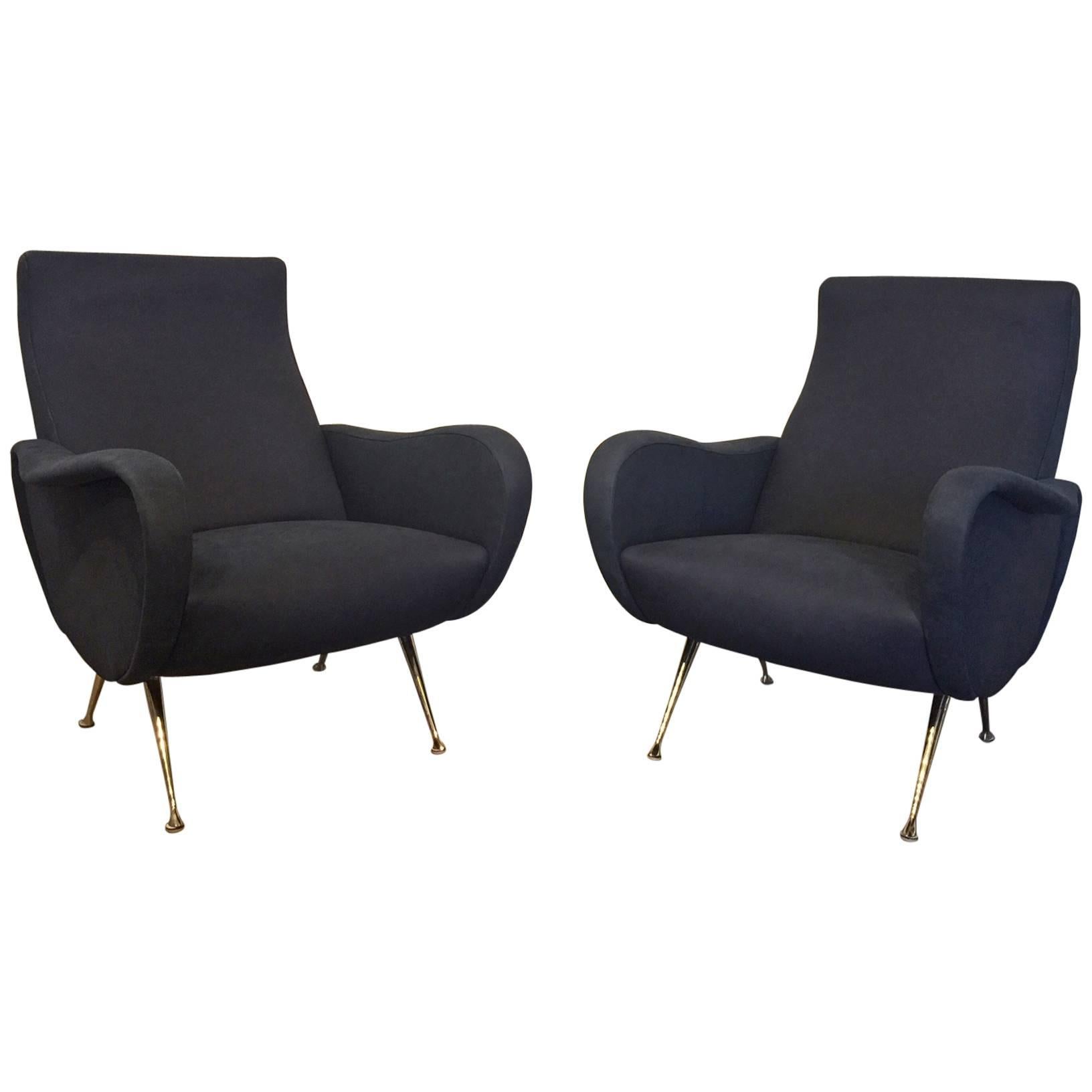 Zanuso Style Pair of Italian Armchairs in Midnight Blue Calfskin Leather
