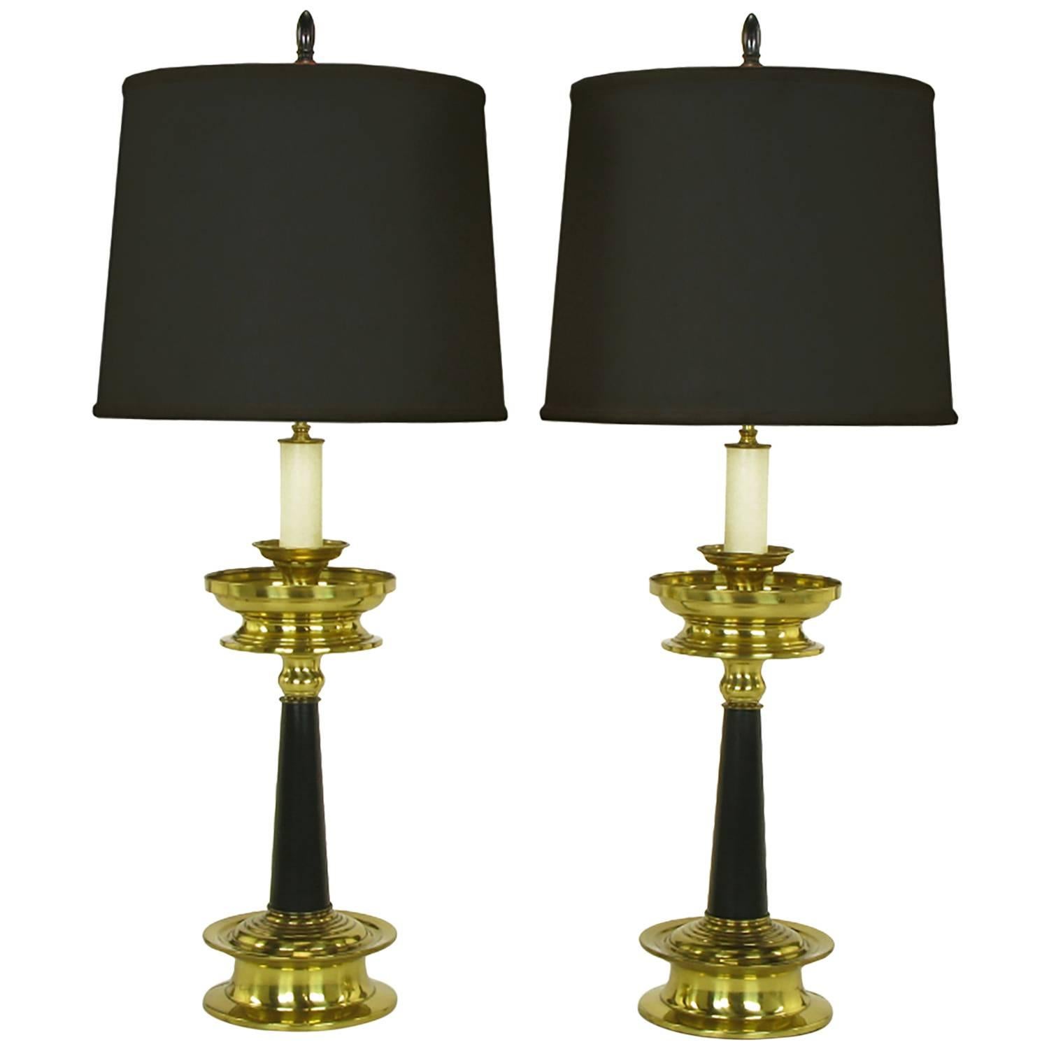 Pair of Substantial Brass and Black Lacquer Table Lamps