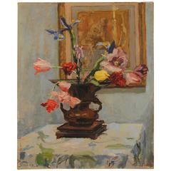 Oil on Canvas, Flowers in Urn, French, 1929, Signed Lower Left and Right