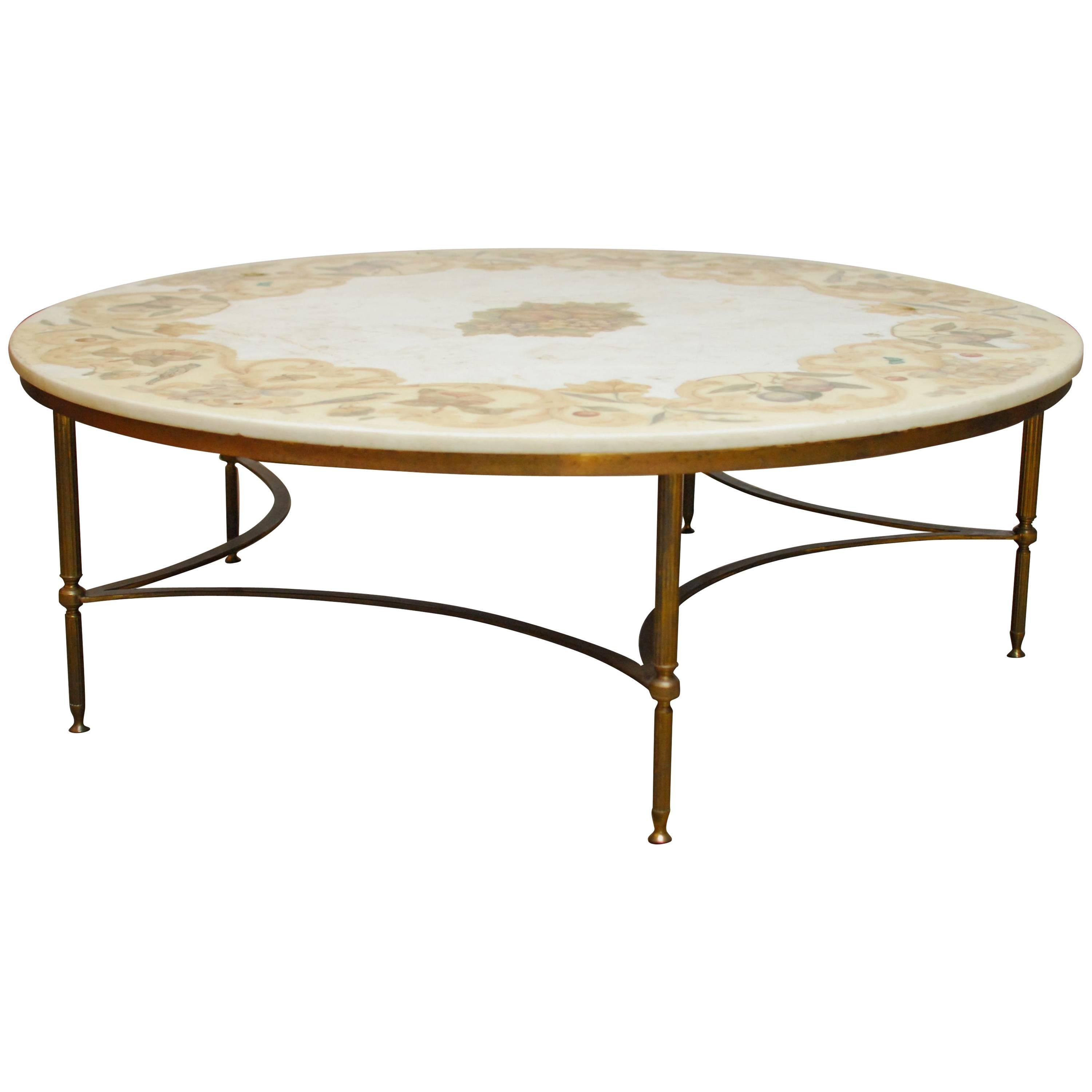 Florentine Marble and Brass Round Cocktail Coffee Table