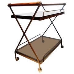 Rare Wrought Iron Wood and Glass X-Frame Bar Cart by Cleo Baldon for Terra
