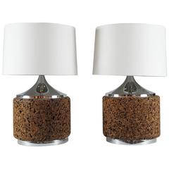 Pair of Modern Cork and Chrome Lamps