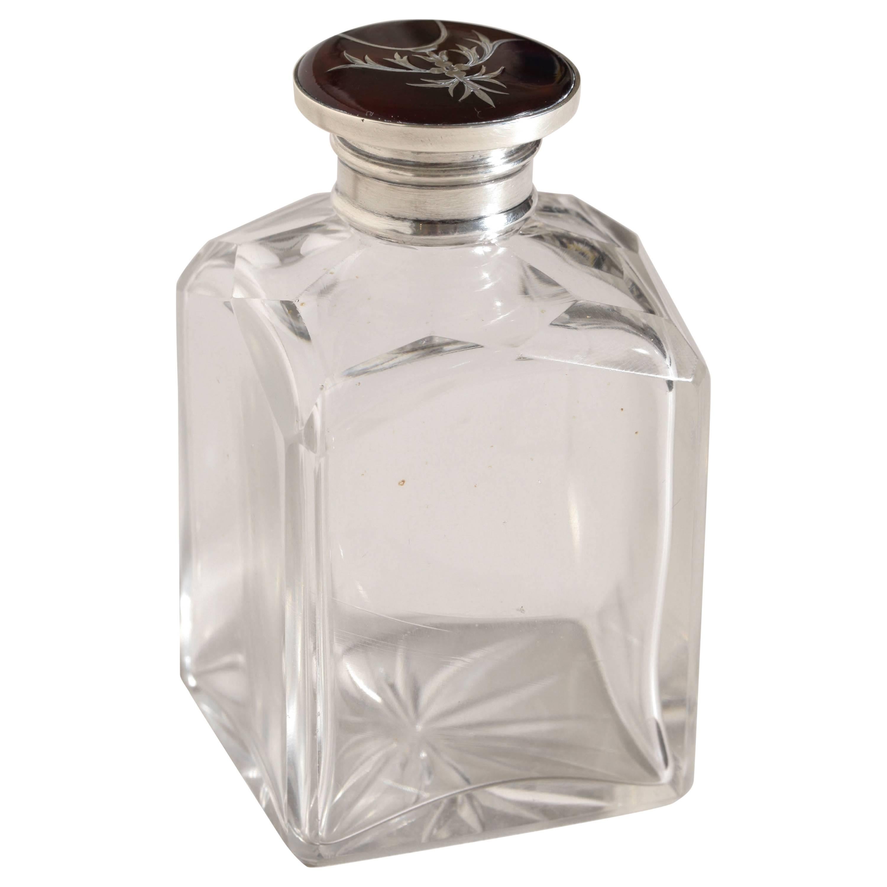 English Art Deco Crystal & Silver Pique Inlaid Faux Tortoiseshell Scent Bottle For Sale