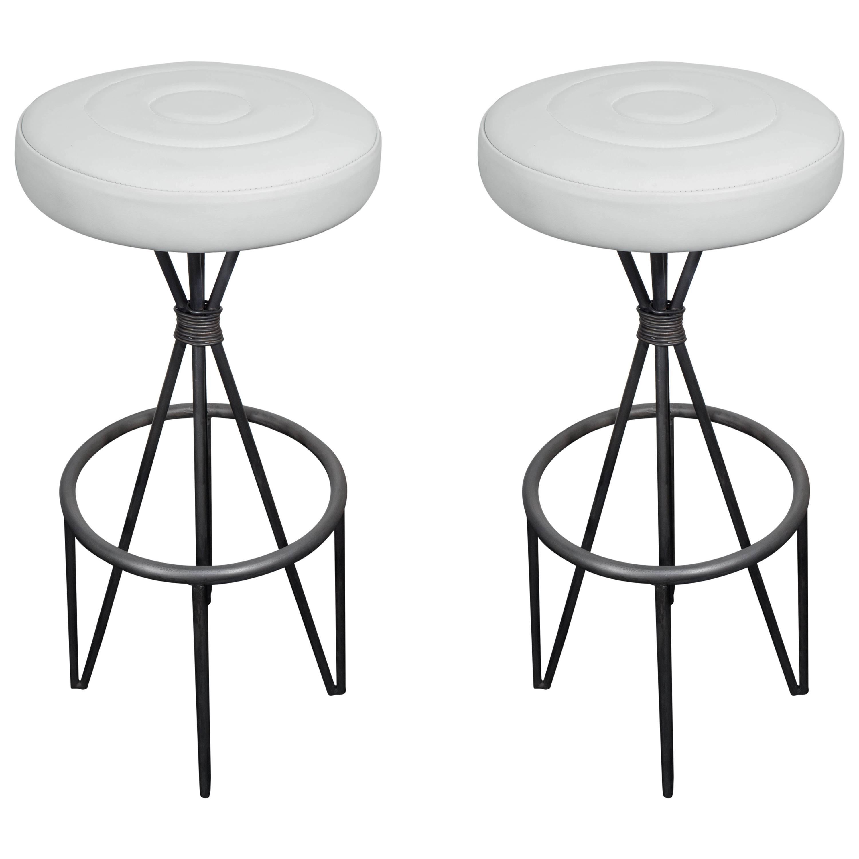 Leather and Iron Barstools For Sale