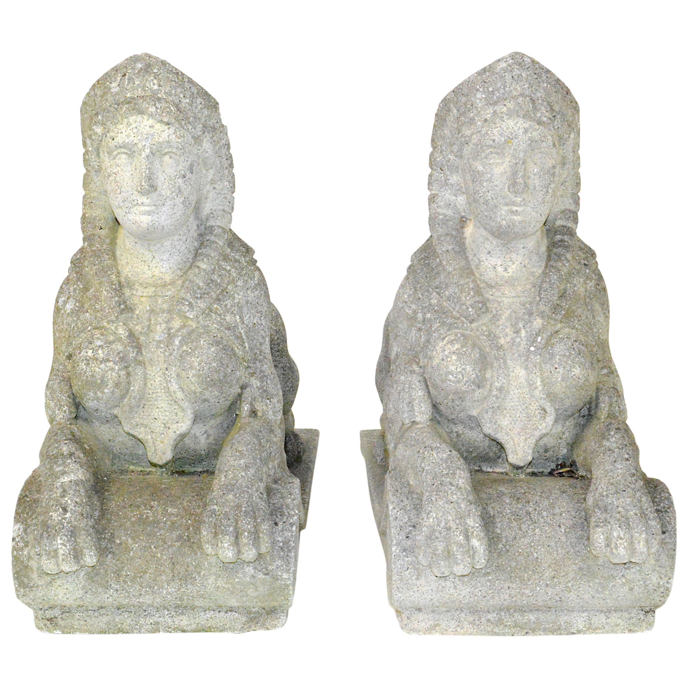 Pair of Egyptian Revival Carved Stone Garden Sphinx