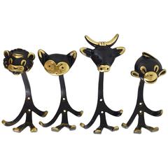 Walter Bosse Brass Wall Hooks Dog, Lion, Cat, Cow and Monkey, Austria, 1950s