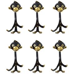Six Walter Bosse Brass Wall Hooks Displaying a Monkey, Austria, 1950s 12