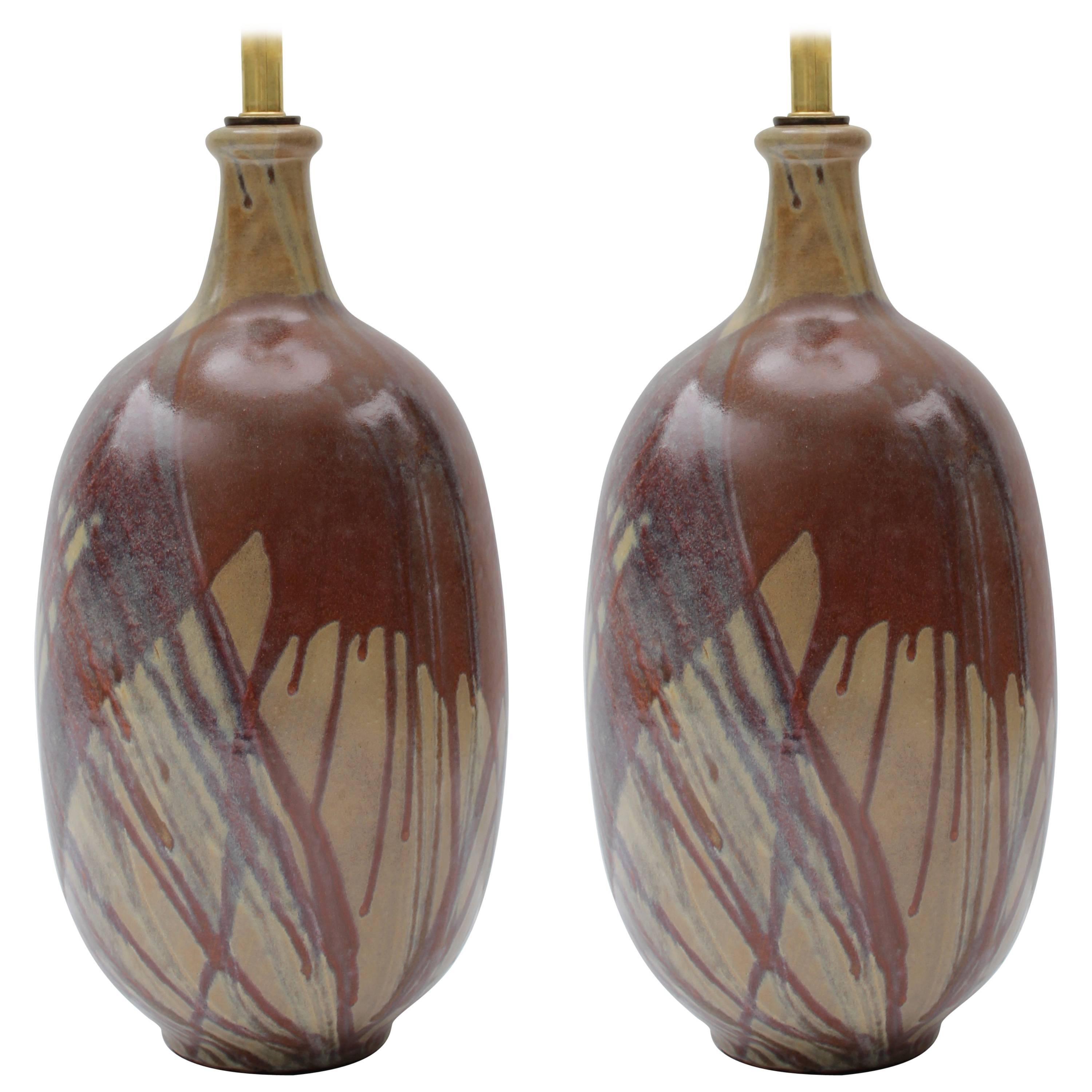Great pair of California terra cotta drip glaze lamps. New double cluster, Twist Cord. All new wiring.
