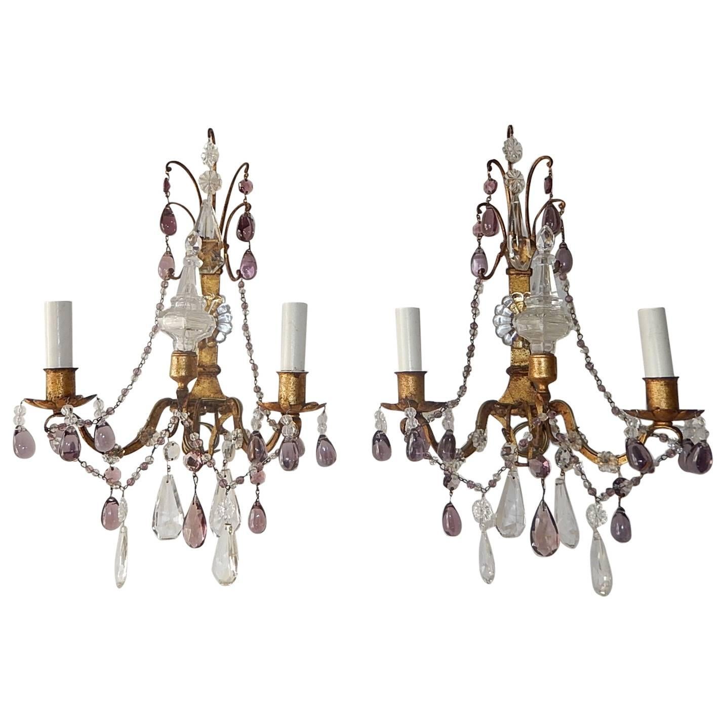 French Lavender Bronze Crystal Spear Sconces
