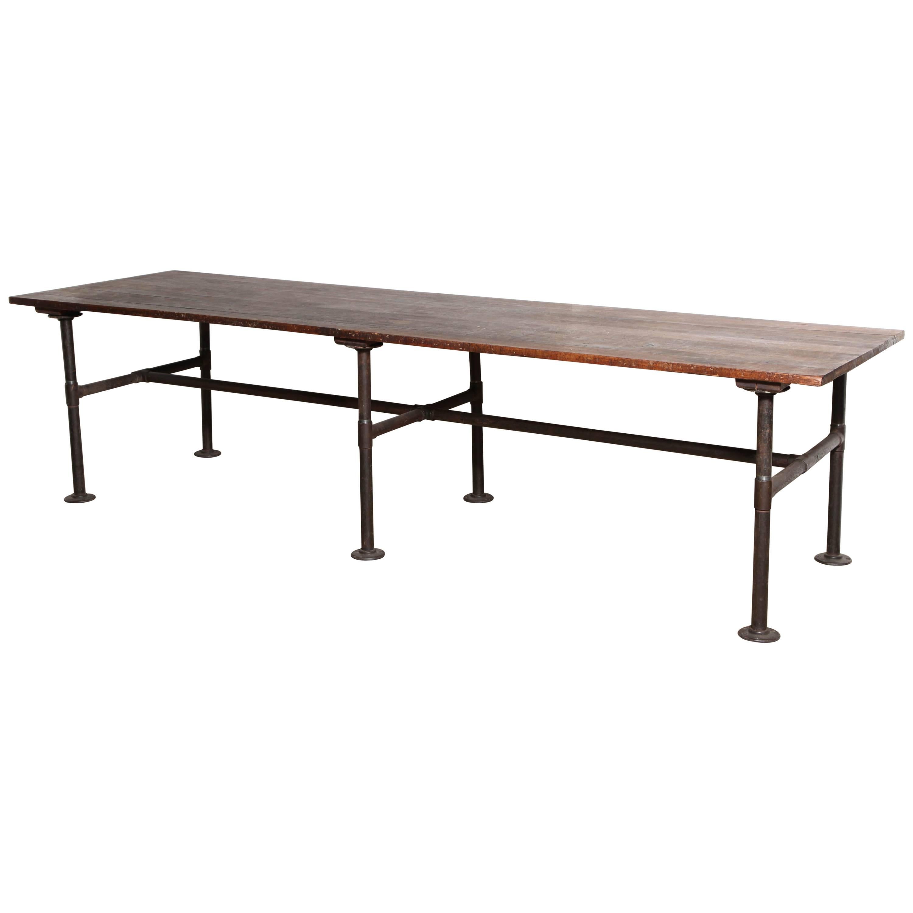 Monumental 19th Century Ten Foot Solid Black Walnut and Iron Industrial Table