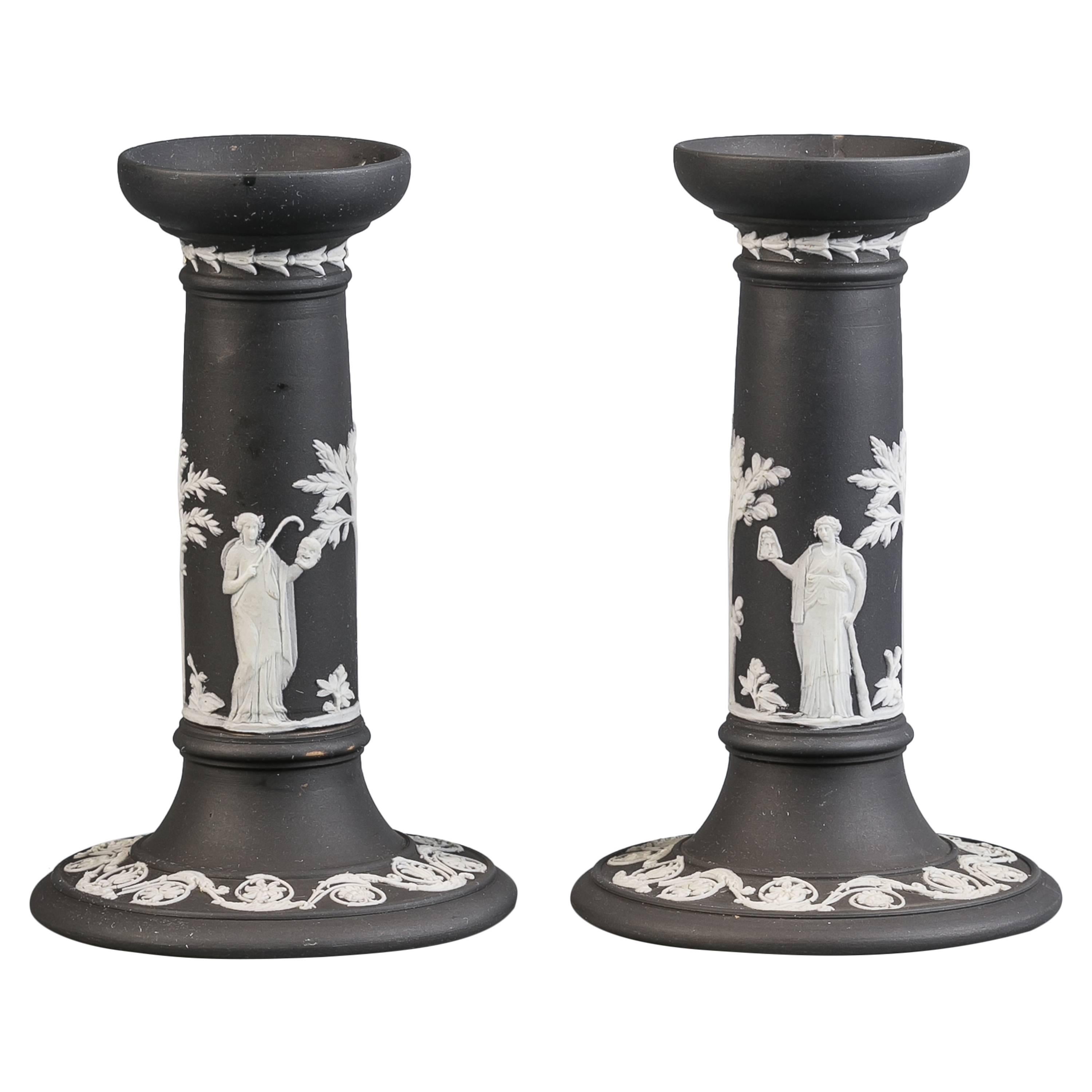 Pair of Wedgwood Basalt Candlesticks, 19th Century