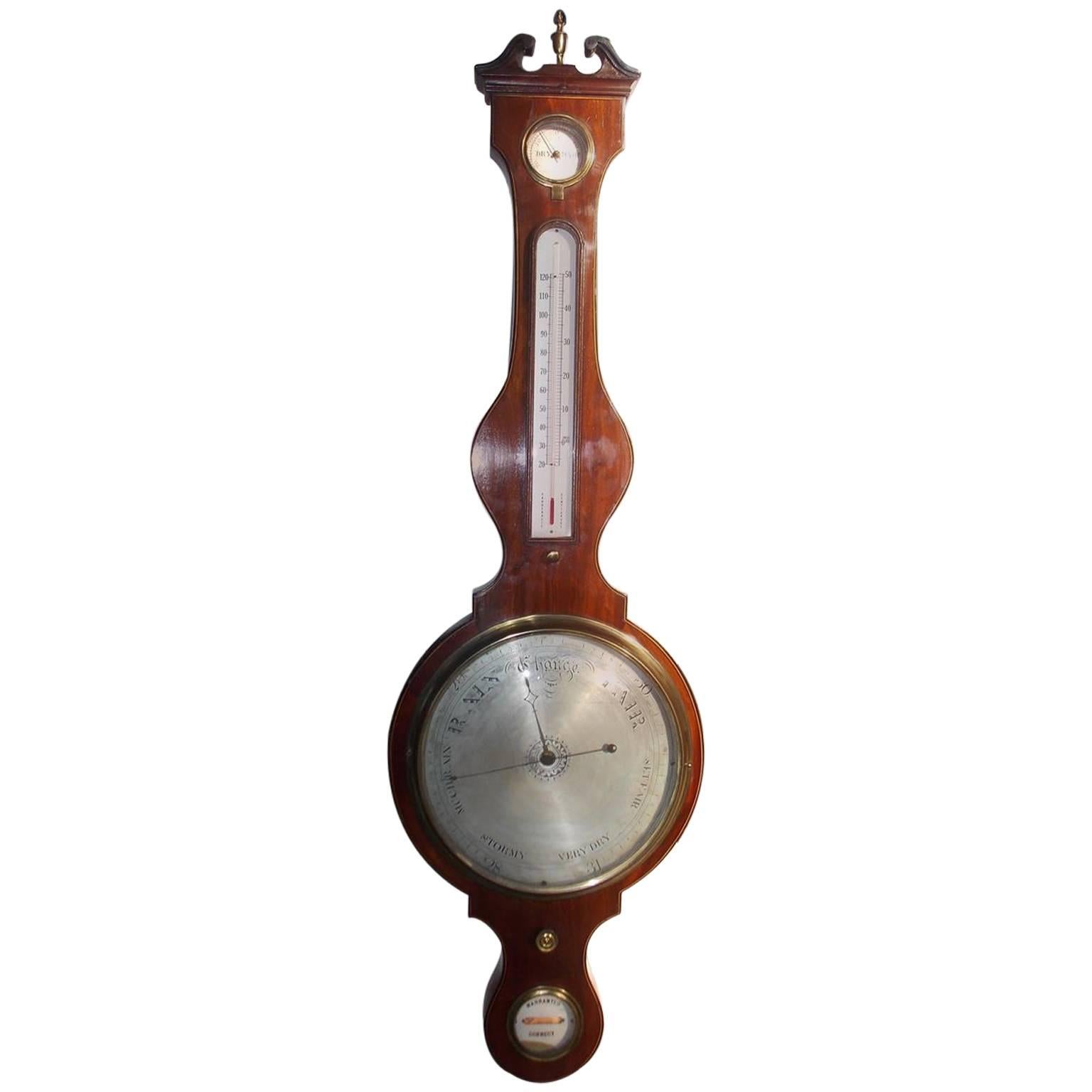 English Mahogany Inlaid Banjo Barometer, Circa 1820