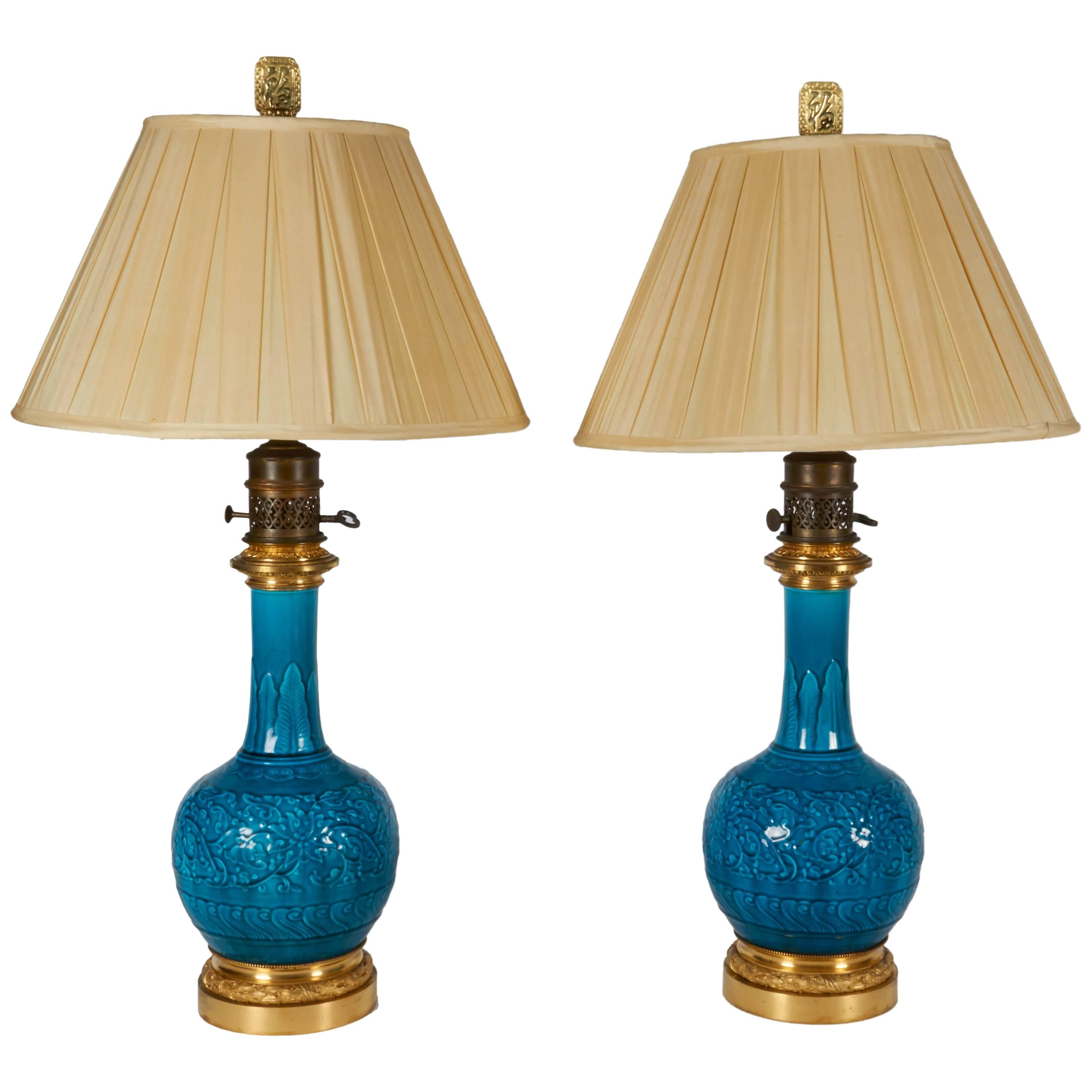 Pair of Blue Theodore Deck Porcelain and Ormolu-Mounted Vases/Lamps