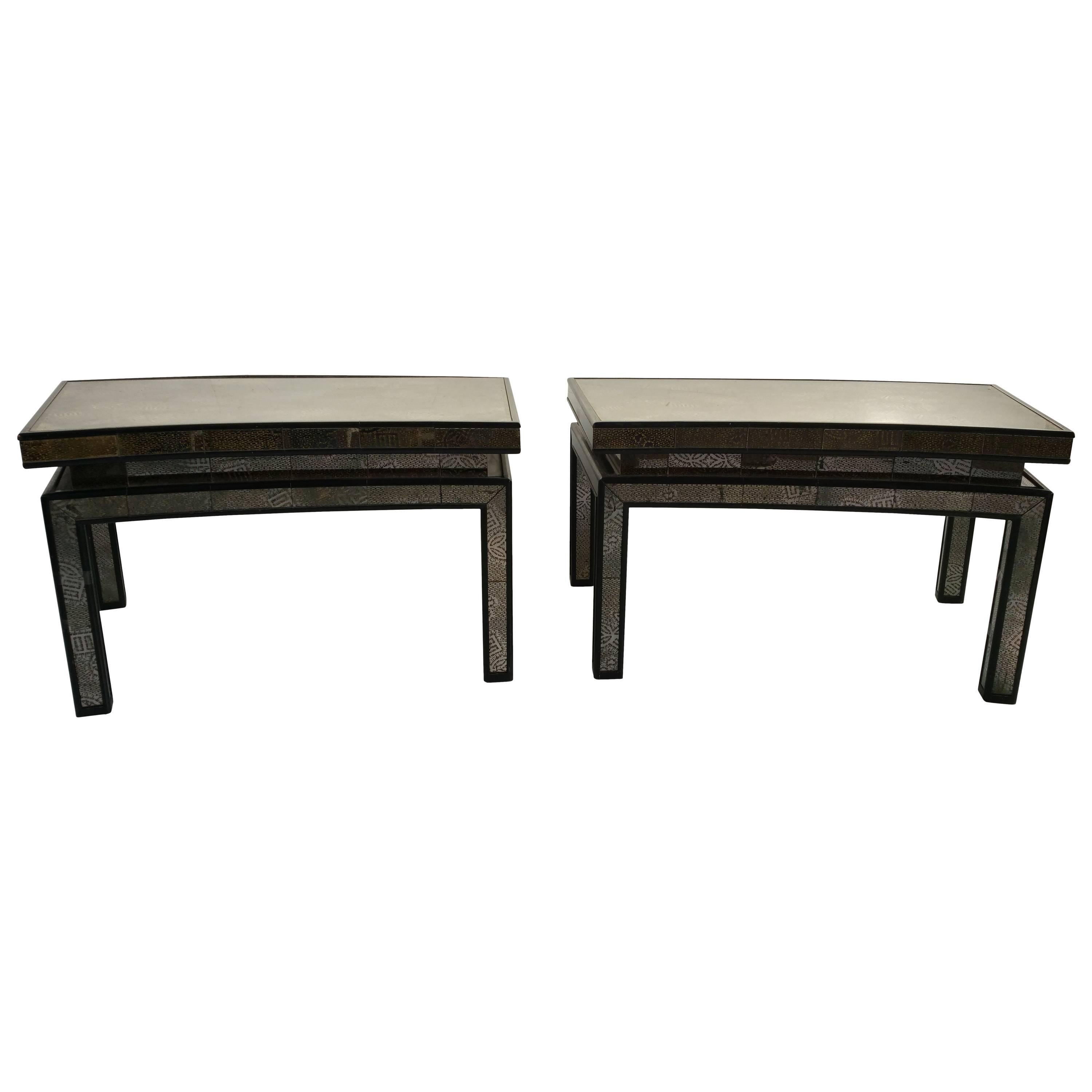Regency Black Lacquered and Mirror Cocktail Tables