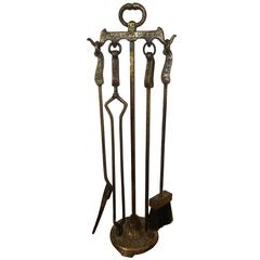 20th Century Hammered Brass Fireplace Tools