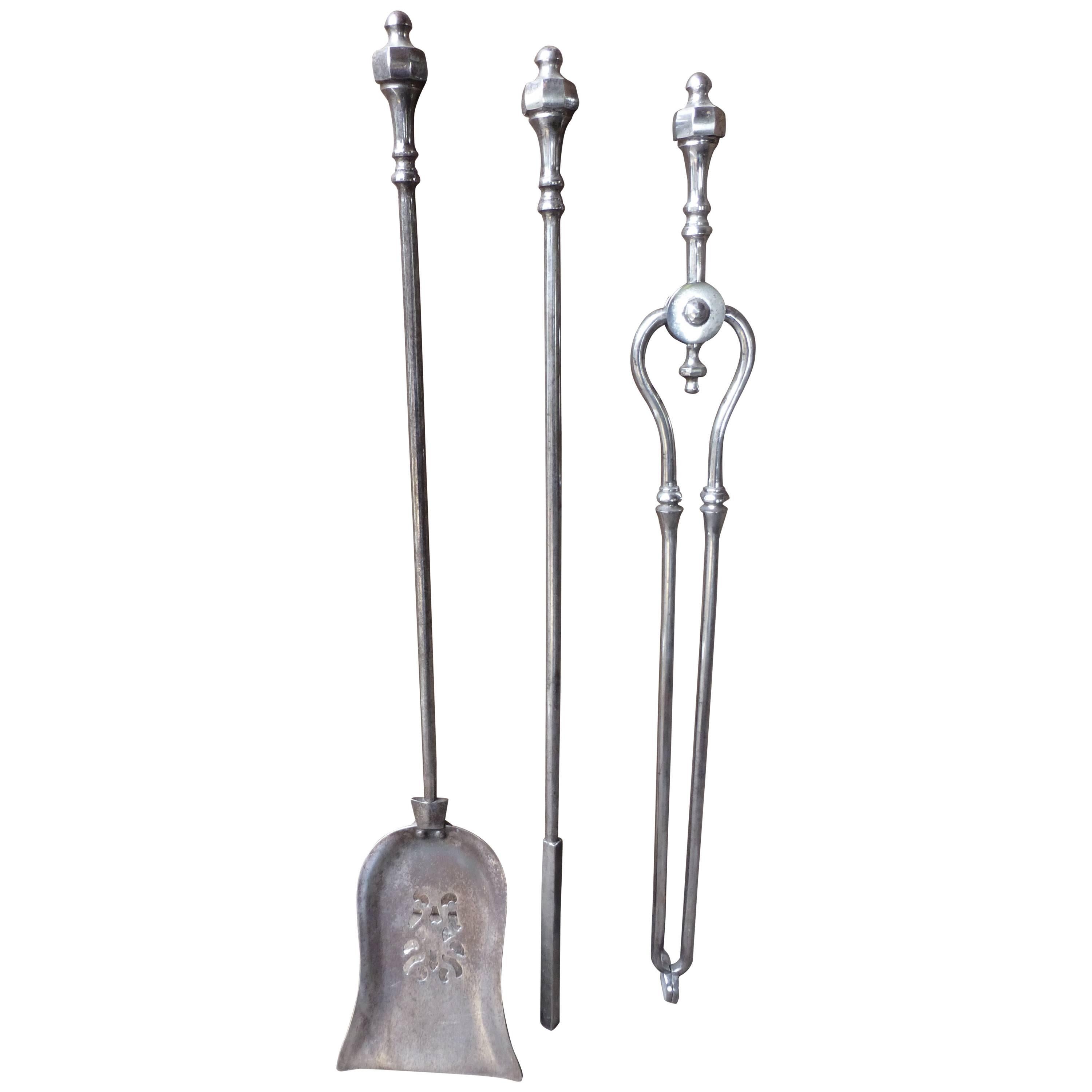 19th Century Polished Steel Fireplace Tool Set, Fire Tools
