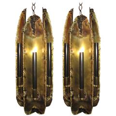 Exciting Pair of 1960s Brutalist Patinated Brass Pendant Lamps by Tom Greene